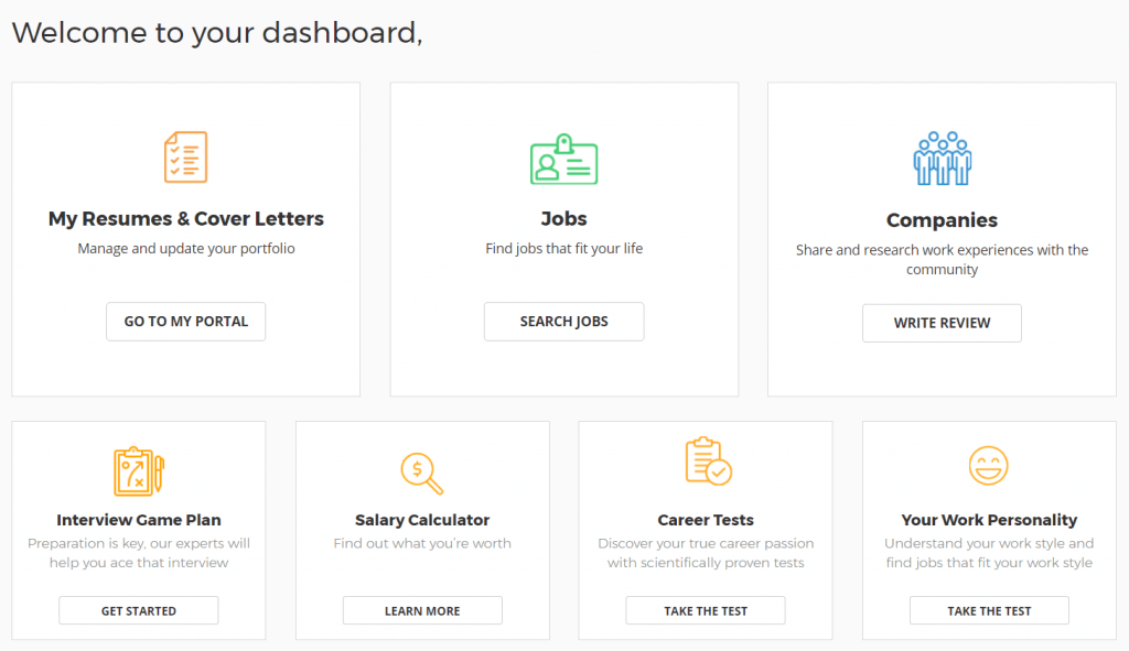 Livecareer dashboard and features